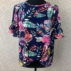 🌴 Tropical Navy Blue Leaf Print Blouse – Vacation Vibes, NWOT, Size M
